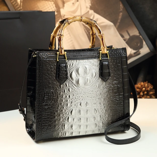Crocodile-Embossed Bamboo Handle Women Shoulder Messenger Bag - Image 8