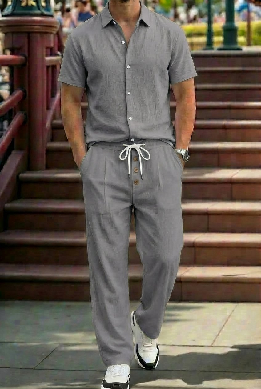 Mens Breathable Lapel Collar Linen Shirt And Trousers Set - Image 5
