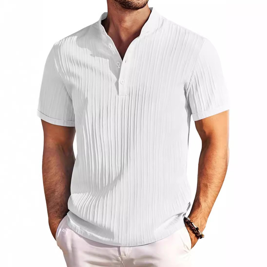 Short Sleeve Quarter Button Stand Collar Men Shirt - Image 4