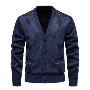 Men’s Fleece Lined Cable Knit Cardigan – Thickened Argyle Button-Down Sweater Jacket with Pockets