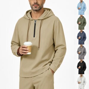 Mens Linen Quarter-Zip Hooded Sweatshirt