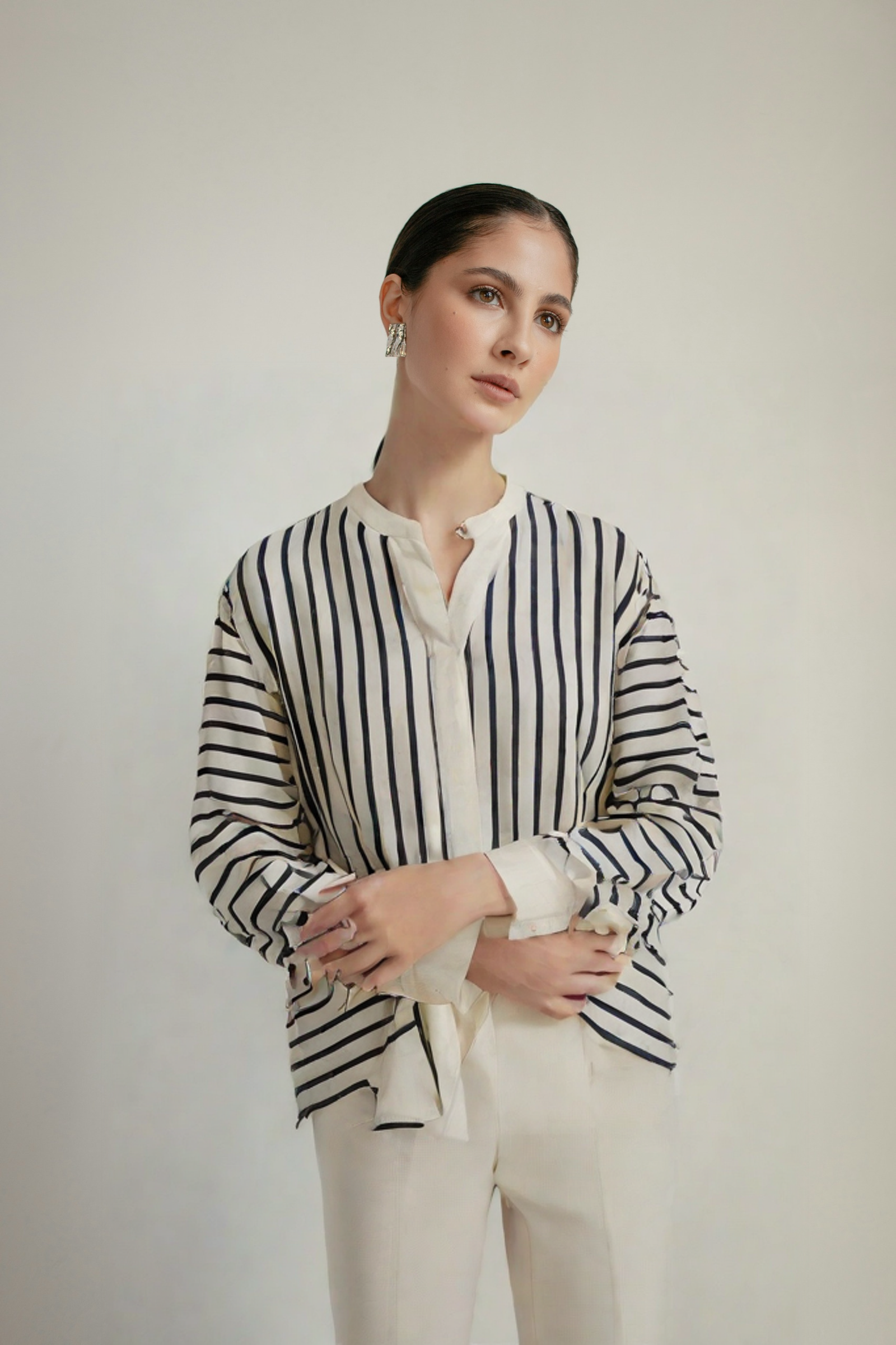 Round Neck Long Bell Sleeves Covered Buttons Silk Women Blouses - Image 3