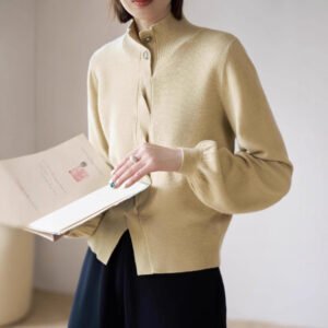 Merino Wool Mock-Neck Puff Sleeves Knit Button-up Women Cardigan Sweater