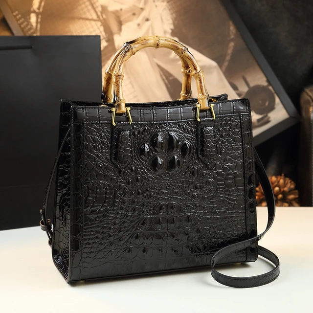 Crocodile-Embossed Bamboo Handle Women Shoulder Messenger Bag - Image 7