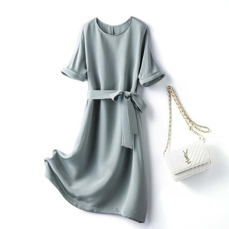 Round Neckline Cuffed Short Sleeves Silk Shift Dress with Self-Tie Belt - Image 8