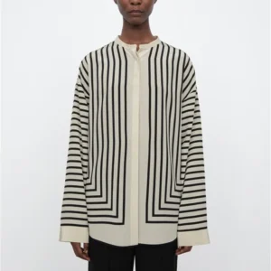 Round Neck Long Bell Sleeves Covered Buttons Silk Women Blouses