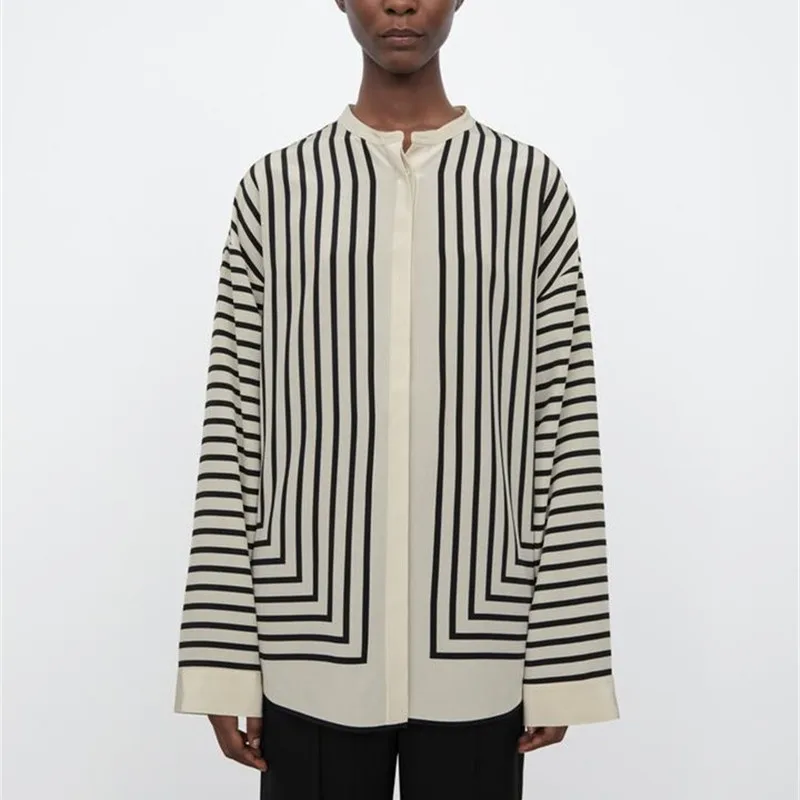 Round Neck Long Bell Sleeves Covered Buttons Silk Women Blouses