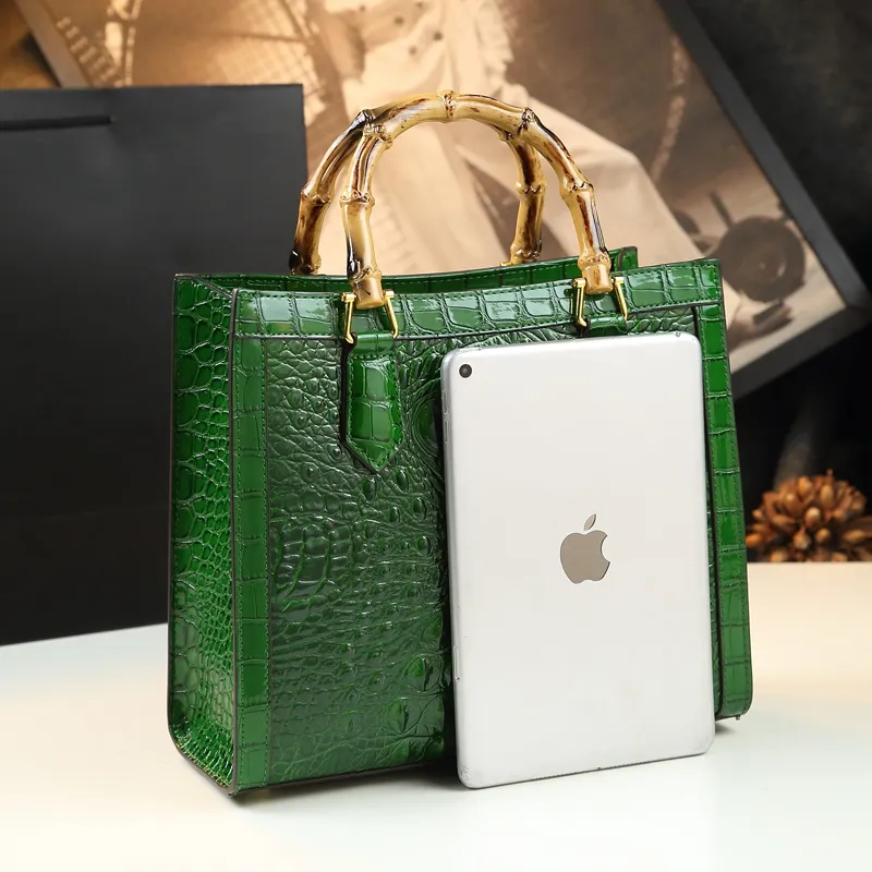 Crocodile-Embossed Bamboo Handle Women Shoulder Messenger Bag - Image 4