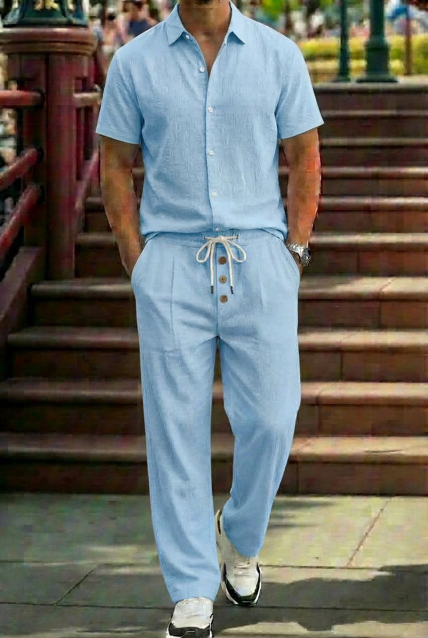 Mens Breathable Lapel Collar Linen Shirt And Trousers Set - Image 2