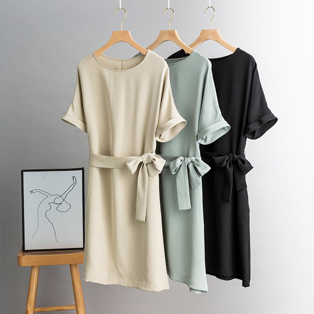 Round Neckline Cuffed Short Sleeves Silk Shift Dress with Self-Tie Belt - Image 6