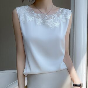 Women’s Premium Mulberry Silk Top – Elegant Floral Lace Mesh Scoop Neck Sleeveless Blouse