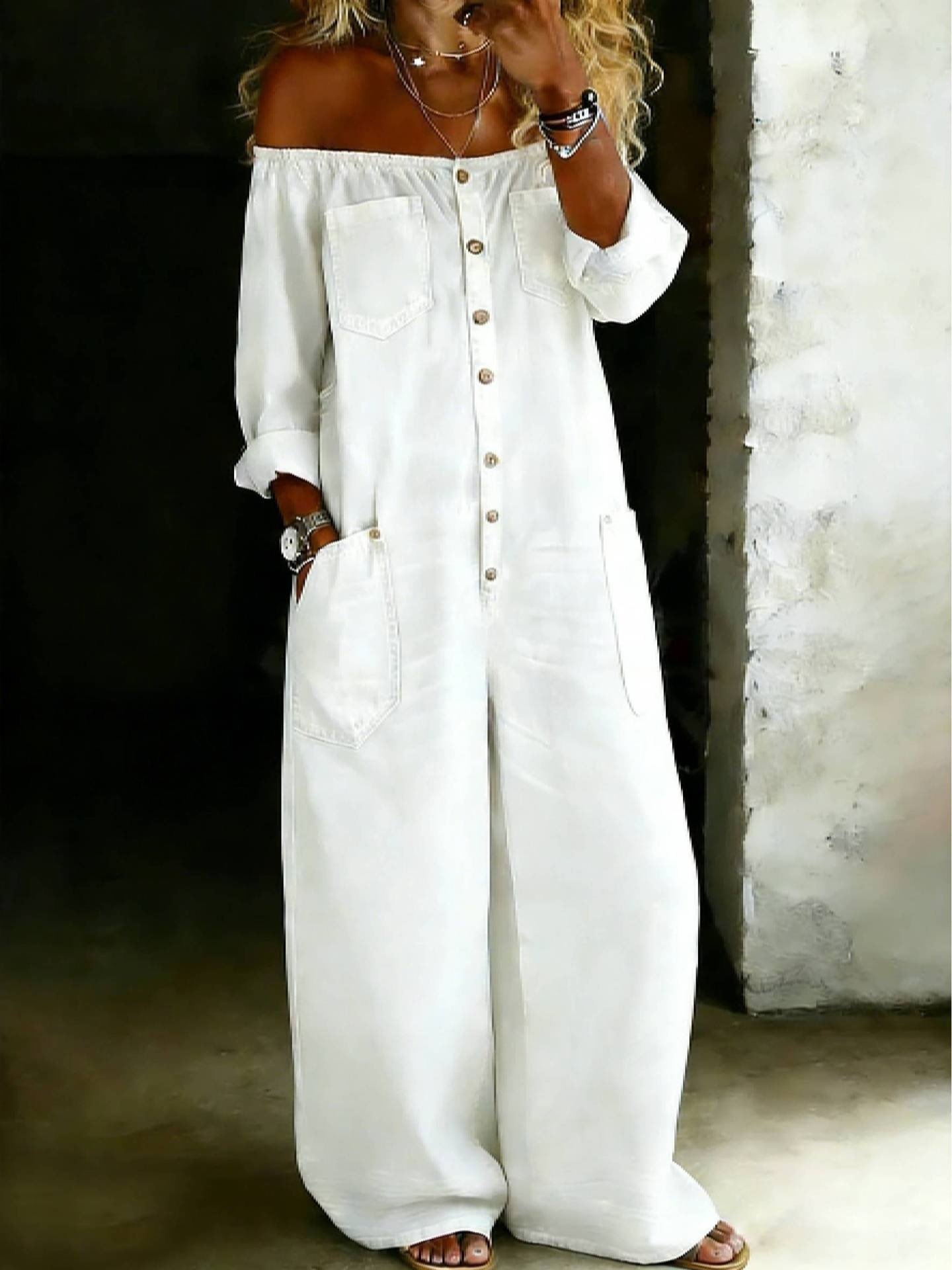 Coastal Chic Single-Breasted Off-Shoulder Washed Women Overalls - Image 7