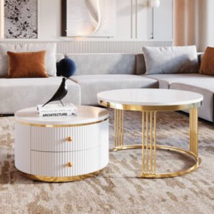 LuxeNest White & Gold Round Nesting Coffee Table Set with Storage Drawers | Modern 2 Piece Living Room Tables