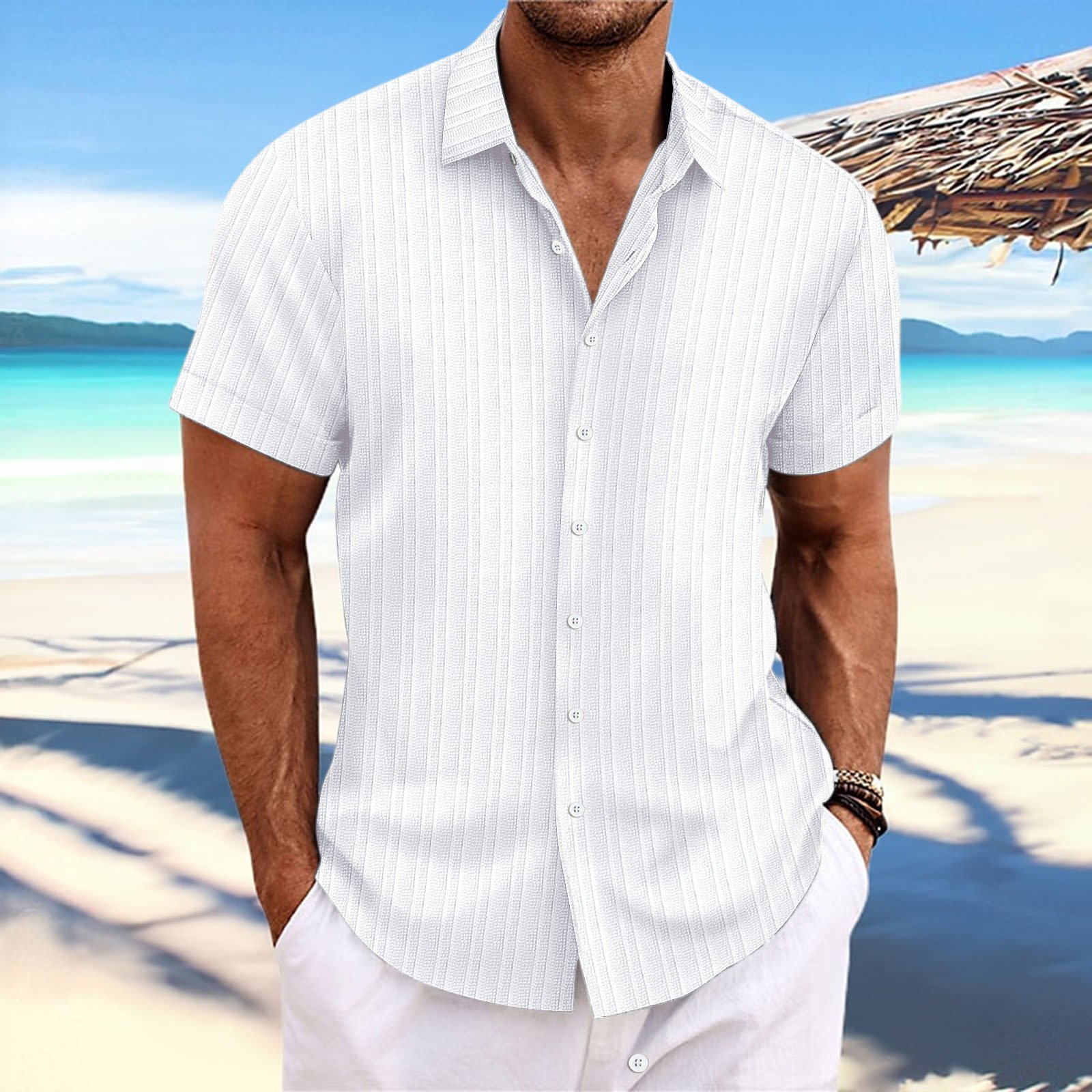 Short Sleeve Button Down Linen Men Shirt - Image 5