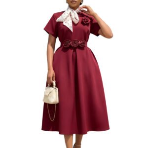 Midnight Rosette: Round Neck High-Waist Midi A-Line Dress with 3D Floral Embellishments