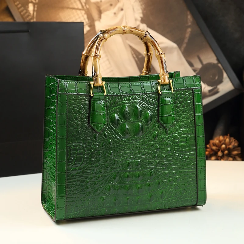 Crocodile-Embossed Bamboo Handle Women Shoulder Messenger Bag