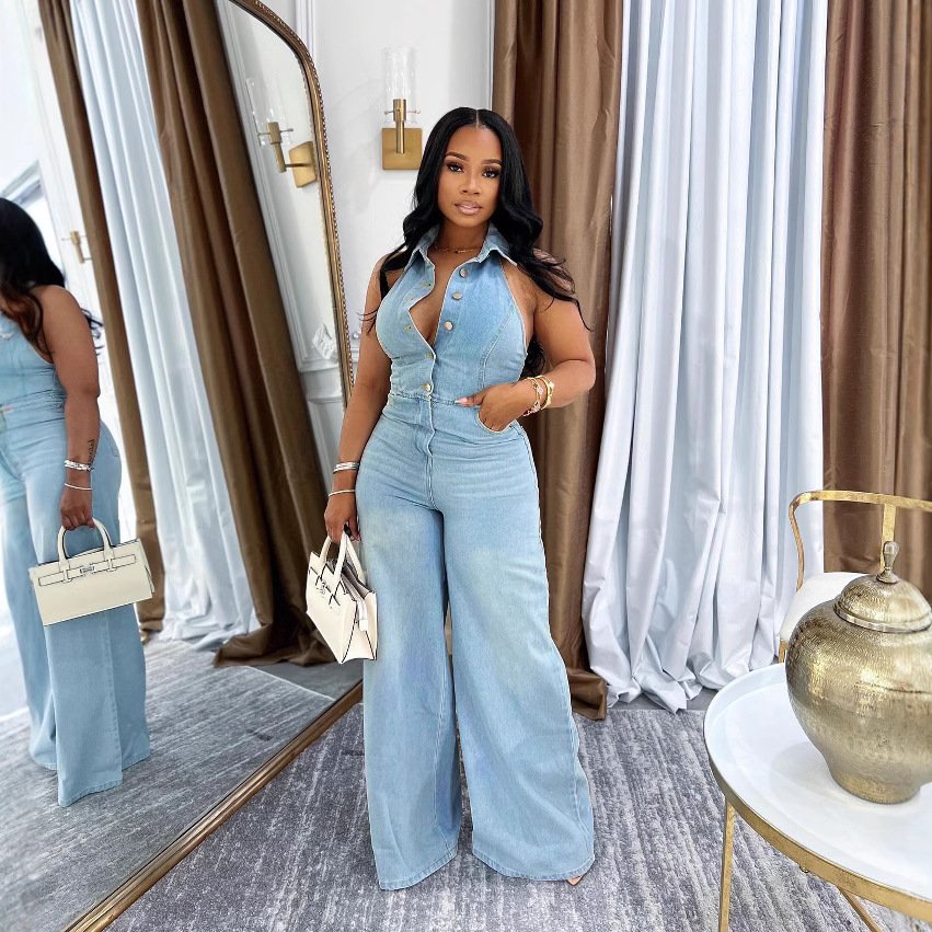 Modern Muse Collared Sleeveless Backless Women Denim Pants Jumpsuit - Image 3