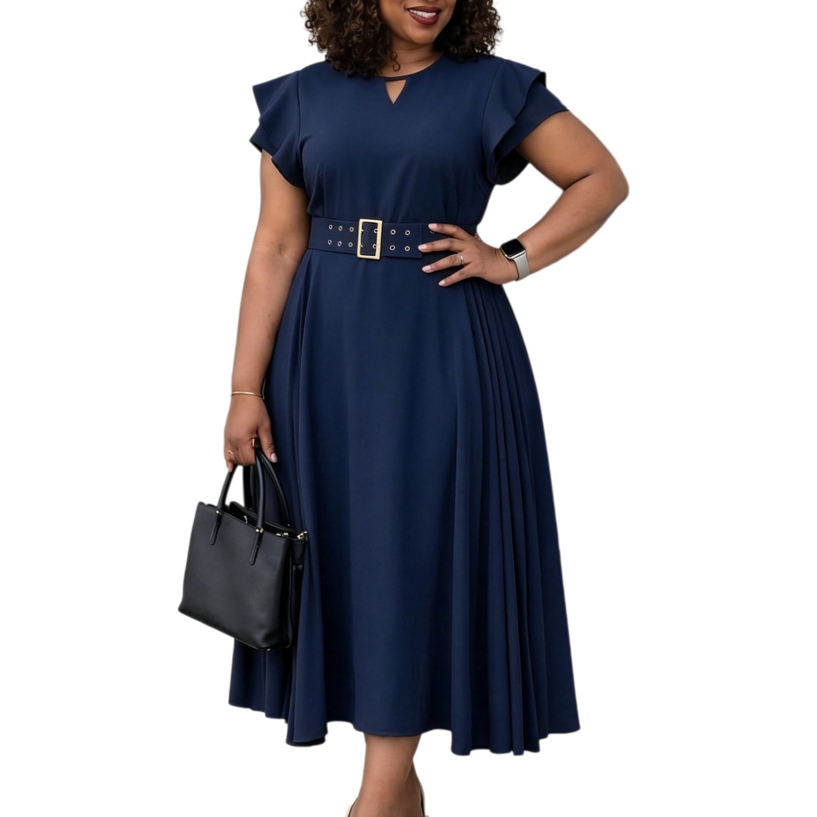 Flutter Sleeve Pleated A-Line Midi Dress with Matching Grommet Belt - Image 8