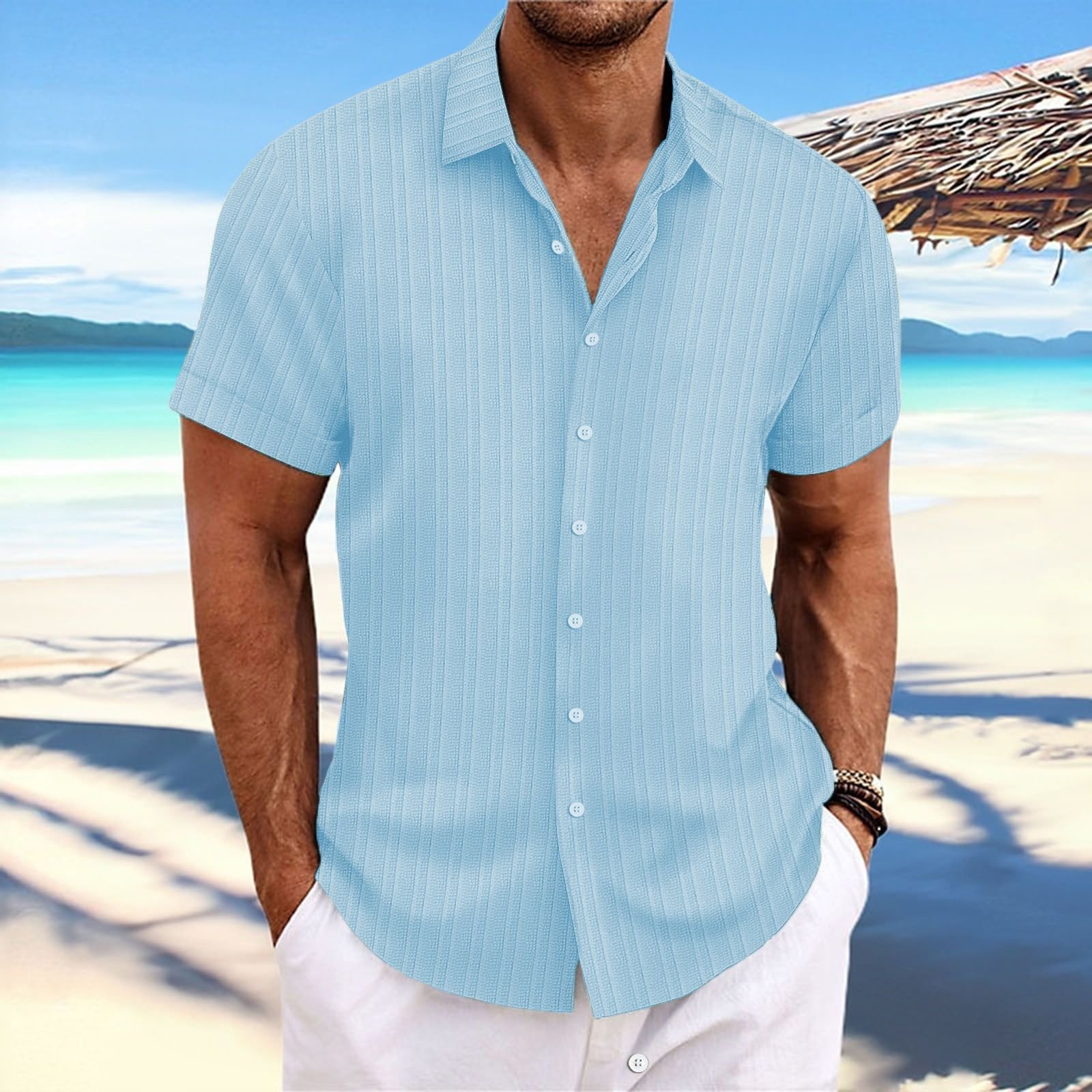 Short Sleeve Button Down Linen Men Shirt - Image 14