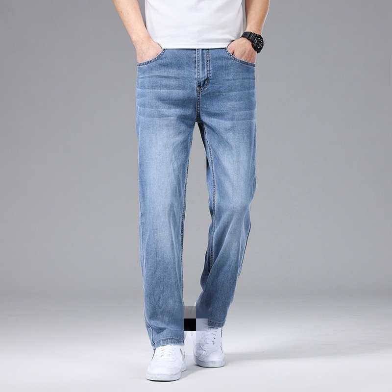 Loose Straight Leg Washed Lyocell Light Blue Men Denim Jeans