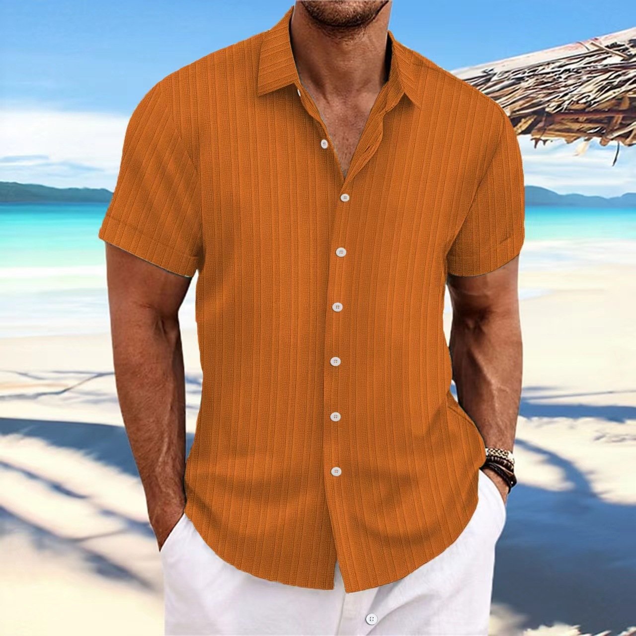 Short Sleeve Button Down Linen Men Shirt - Image 9