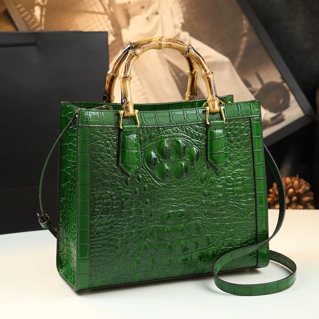 Crocodile-Embossed Bamboo Handle Women Shoulder Messenger Bag - Image 9