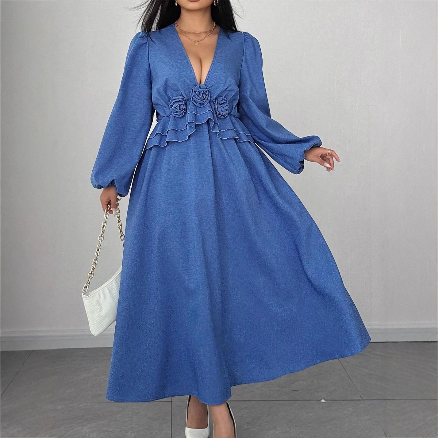 Weekend Luxe V-Neck Waist Cinching Long Sleevee Flower Accent Maxi Dress - Image 2
