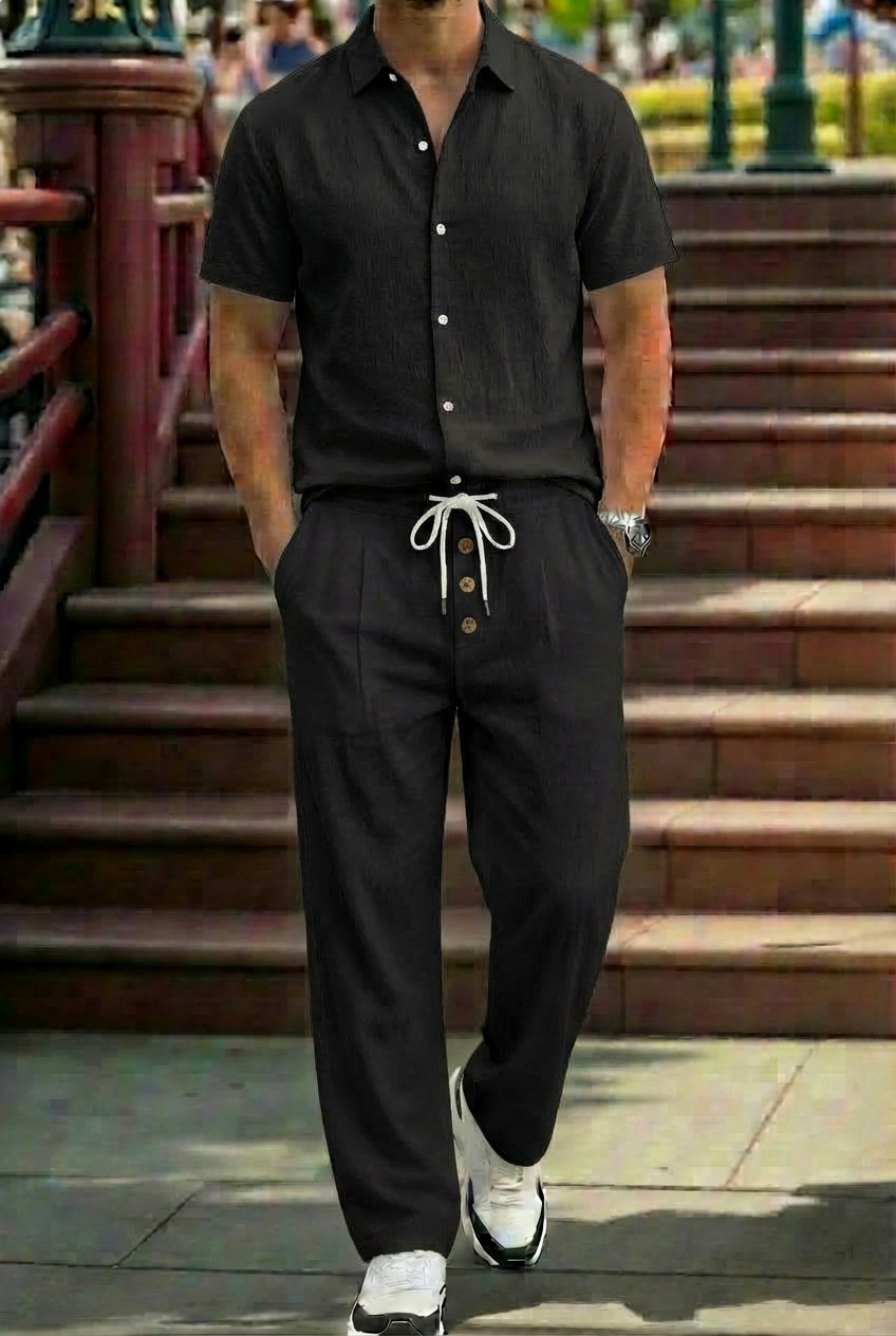 Mens Breathable Lapel Collar Linen Shirt And Trousers Set - Image 4