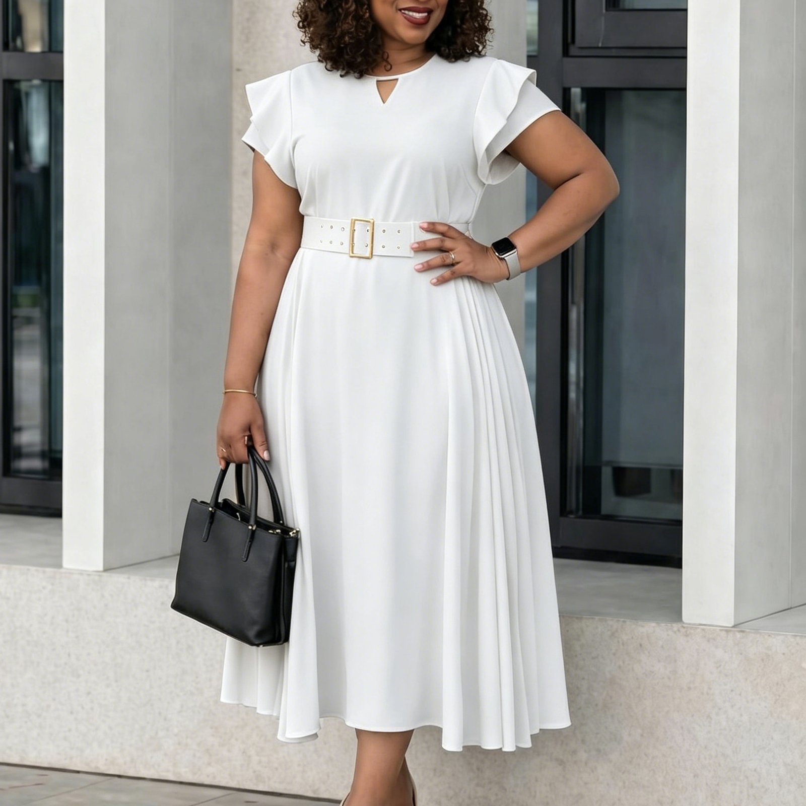 Flutter Sleeve Pleated A-Line Midi Dress with Matching Grommet Belt - Image 3
