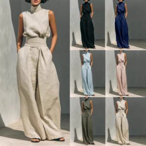 Women's Sleeveless Jumpsuit | Stand Collar Tank Top & Wide Leg Pants
