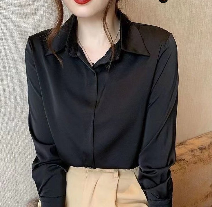 Elegant Long Sleeve Slim Fit Silk-Feel Hidden-Button Blouse - Image 4