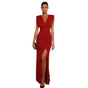 Deep V-Neck Ruched Maxi Gown with Thigh-High Front Slit