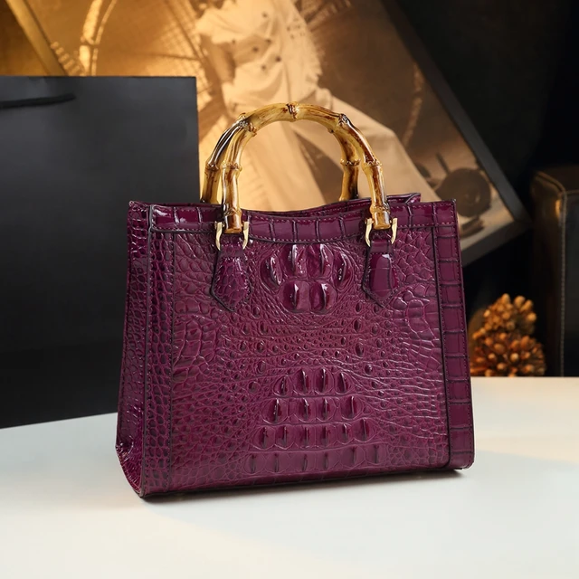 Crocodile-Embossed Bamboo Handle Women Shoulder Messenger Bag - Image 11
