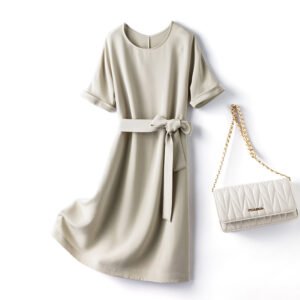 Round Neckline Cuffed Short Sleeves Silk Shift Dress with Self-Tie Belt