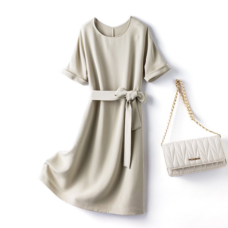 Round Neckline Cuffed Short Sleeves Silk Shift Dress with Self-Tie Belt