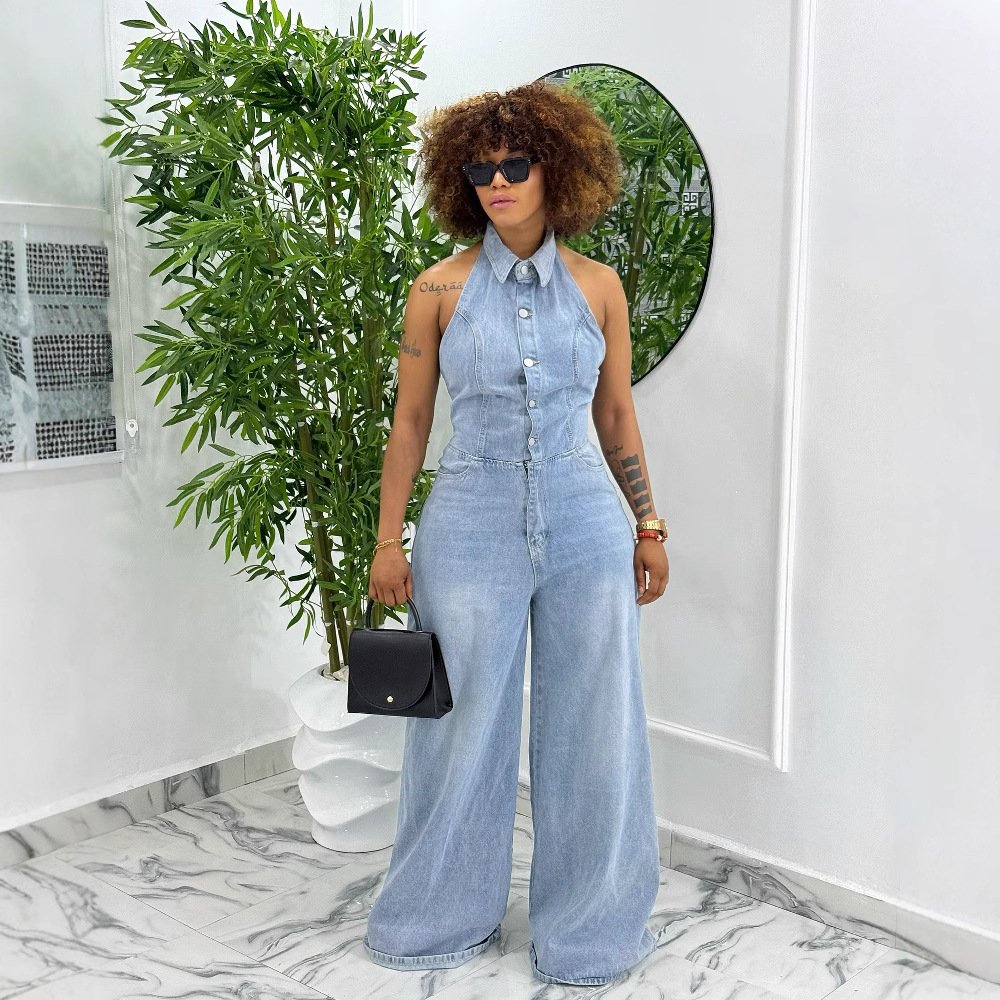 Azure Desire Collared Wide Leg Denim Jumpsuit