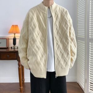 Men's Stand Collar Cable Knit Zip Cardigan Sweater