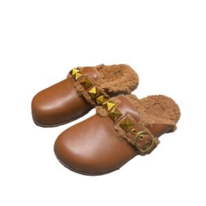 Studded Shearling-Lined Genuine Leather Clog Mules – Luxury Comfort Slides