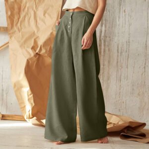 Wide-Leg Loose Cotton Linen Women Button Front Trouser Pants