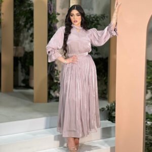 Metallic Silk Satin Long Sleeve Evening Maxi Dress