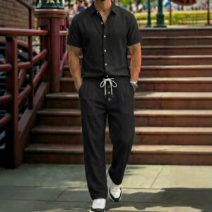 Mens Breathable Lapel Collar Linen Shirt And Trousers Set