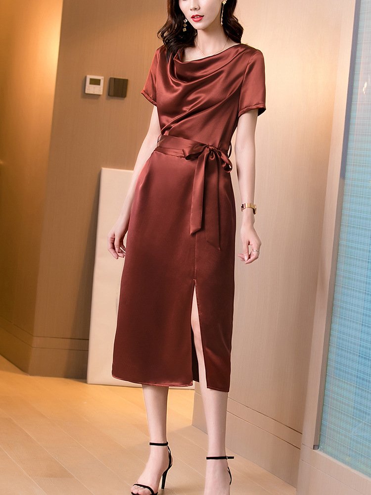 Isla Cowl-Neck Short Sleeves Mulberry Silk Dress with Waist Tie and Side Split - Image 2