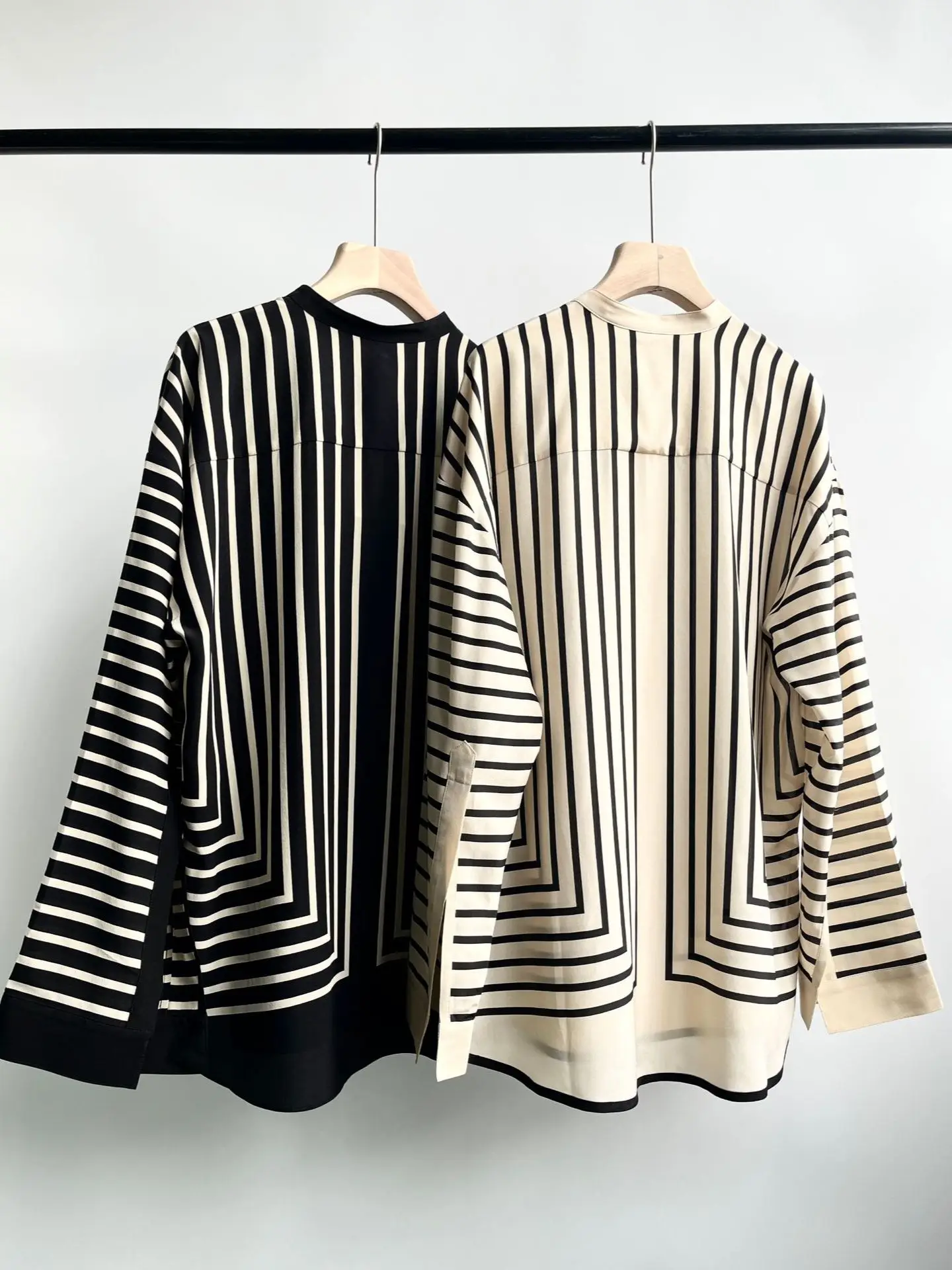 Round Neck Long Bell Sleeves Covered Buttons Silk Women Blouses - Image 5