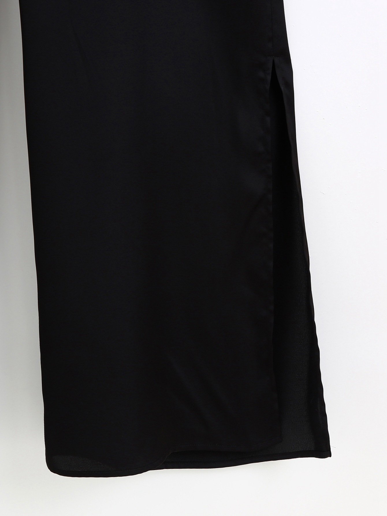 Black Satin Halter Neck Side-Slits Straight Leg Pants Jumpsuit with Waist Bow Tie - Image 3