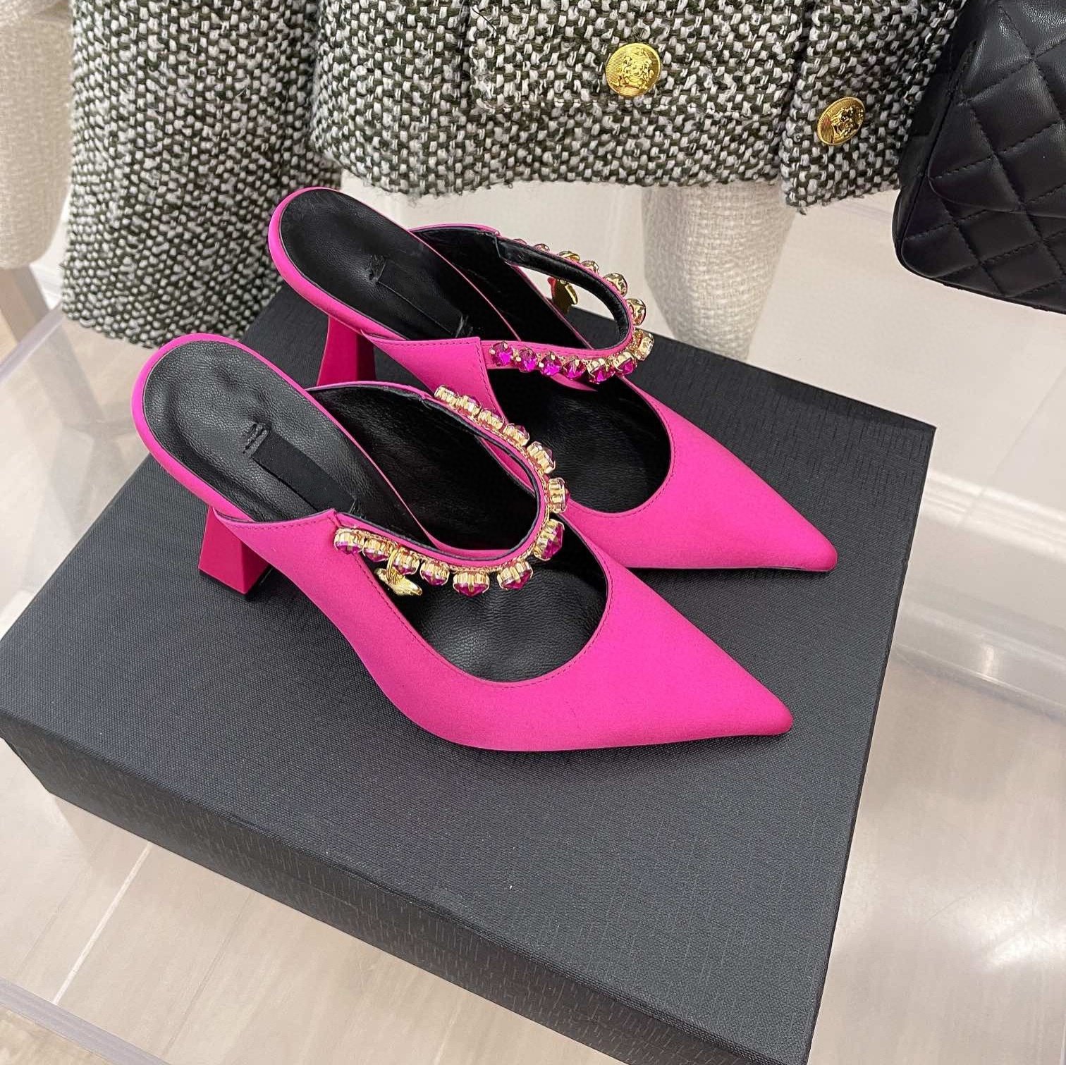 Crystal-Embellished Satin Pointed-Toe Sculpted Heel Mules - Image 4