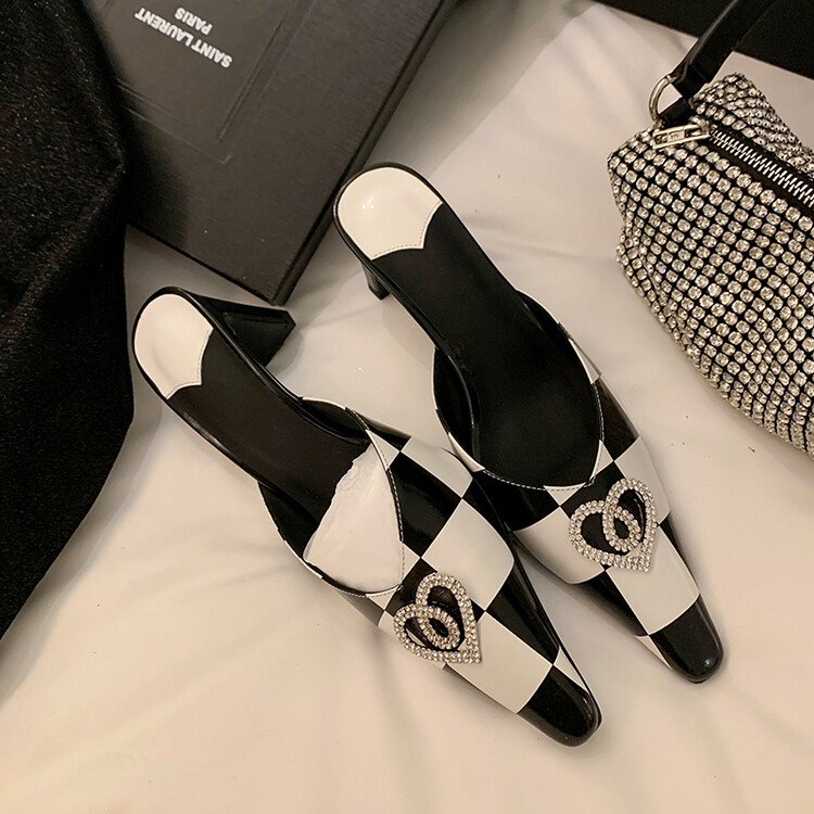 Women's Checkerboard Genuine Leather Mules – Pointed Toe High Heel Sandals with Rhinestone Heart Accent - Image 2