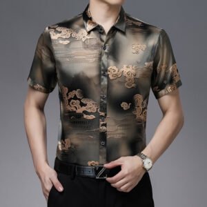 Mulberry Silk Satin Floral Artsy Print Short Sleeves Button Down Men Shirt
