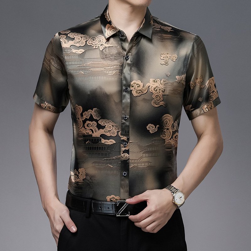 Mulberry Silk Satin Floral Artsy Print Short Sleeves Button Down Men Shirt