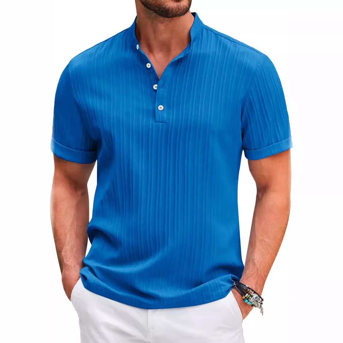 Short Sleeve Quarter Button Stand Collar Men Shirt - Image 3