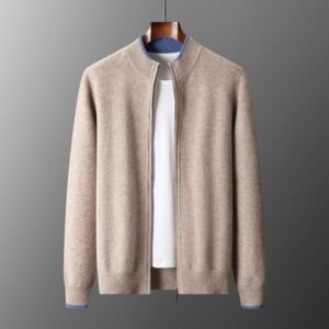 Men's 100% Wool Contrast Zip Mock Neck Cardigan Sweater